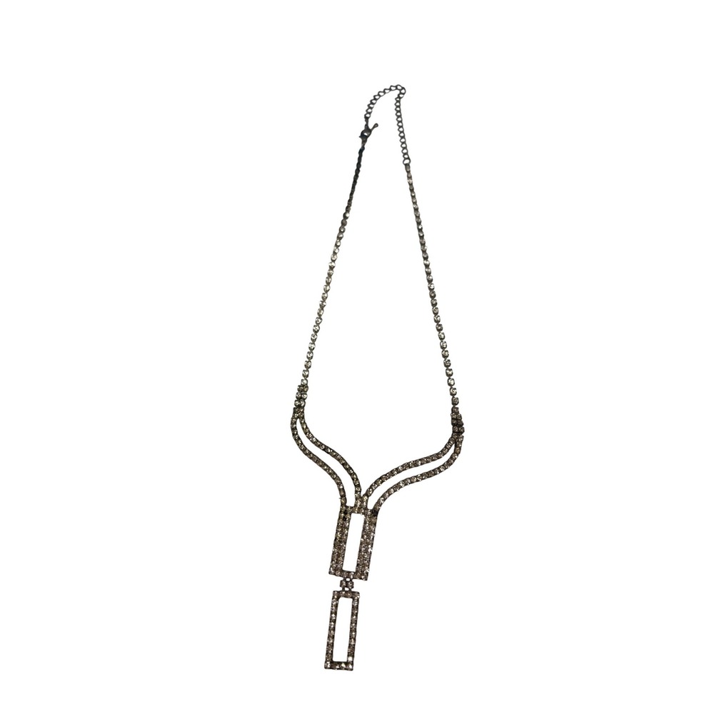 Vintage Silver Tone‎ Rhinestone Geometric Y-Necklace Art Deco Style Drop
